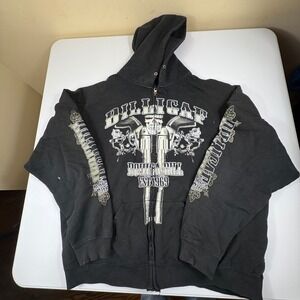 Vtg Dilligaf Bohica Bill Skull Guns Roses Graphic Zip Up‎ Hoodie Mens XXL Y2K